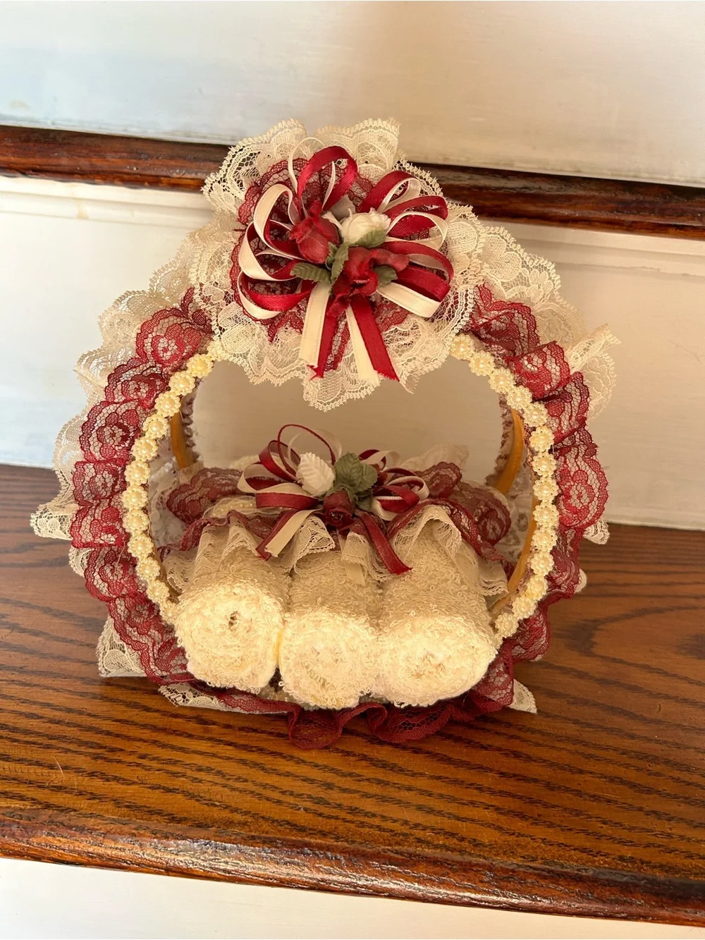 Cottage Core Lace Ribbon Decorative Basket with Rolled Towels - Cream & Burgundy